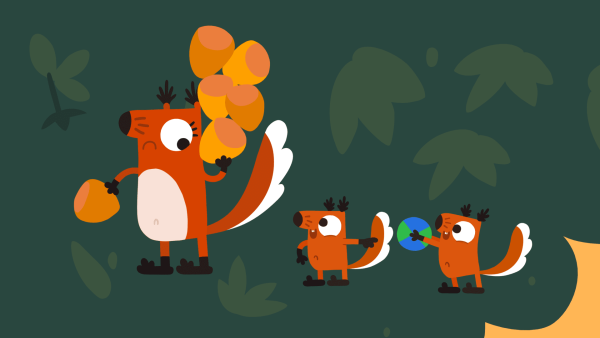 Auf dunkelgrünem Hintergrund sieht man drei gezeichnete Eichhörnchen. Sie stehen nach links gedreht. Das große Eichhörnchen hält gesammelte Nüsse.