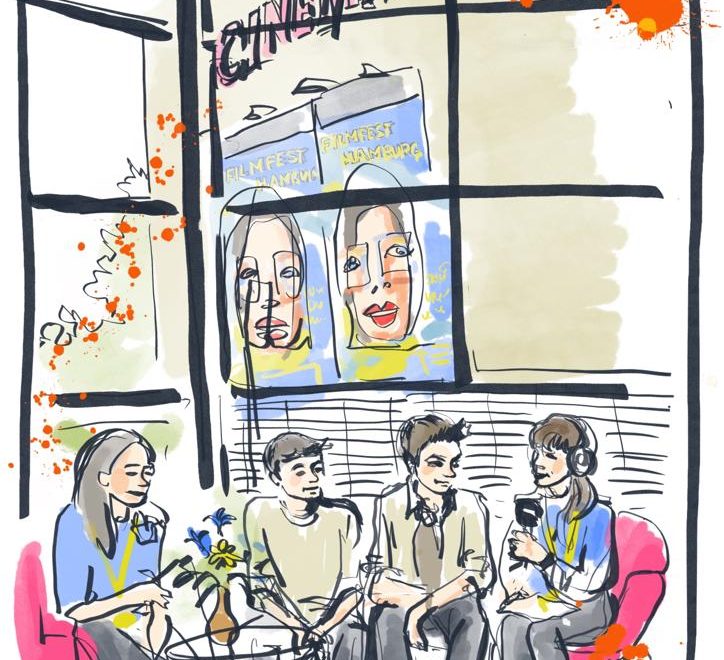 Ein gezeichnetes Bild von Julia Zeichenkind. Man sieht vier Kinder, die nebeneinander sitzen. Im Hintergrund ist ein großes Fenster und das Logo des Cinemaxx, sowie ein Filmplakat zu sehen.