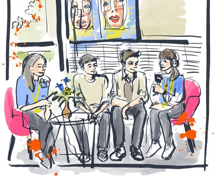 Ein gezeichnetes Bild von Julia Zeichenkind. Man sieht vier Kinder, die nebeneinander sitzen. Im Hintergrund ist ein großes Fenster und das Logo des Cinemaxx, sowie ein Filmplakat zu sehen.